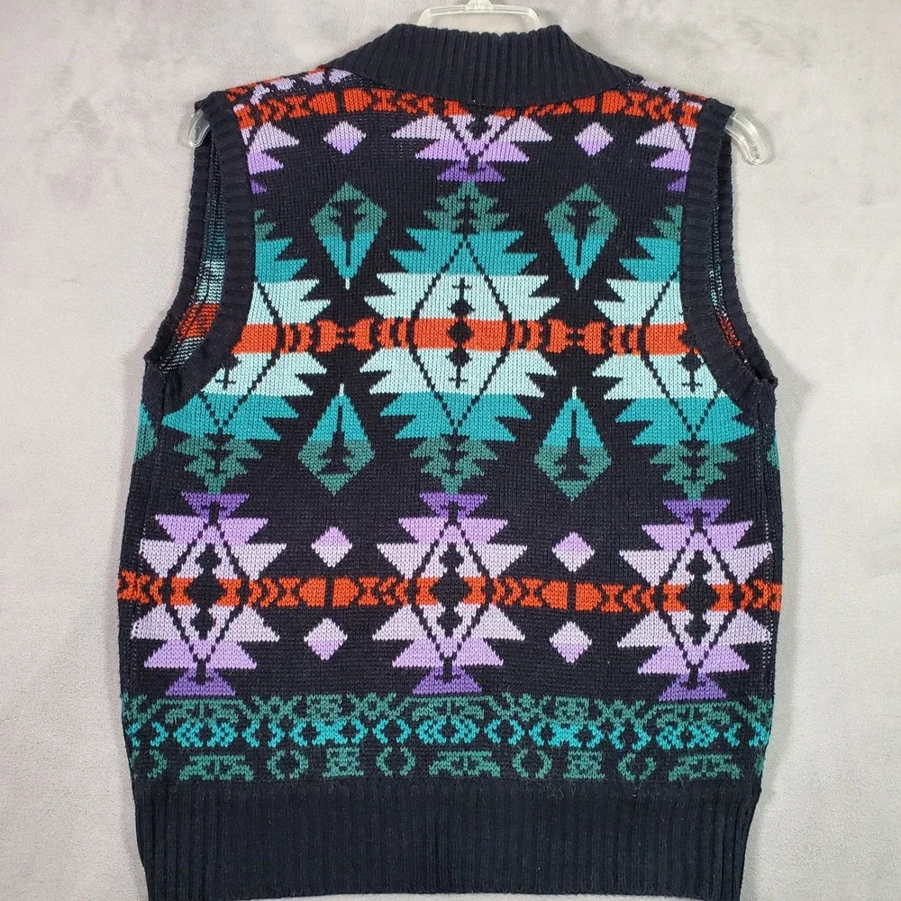 VTG MC II Sweater Vest Womens M Black Southwestern Aztec Button Shawl Collar